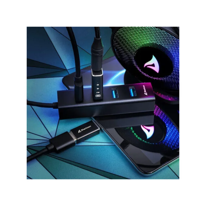 Sharkoon 4-Port USB 3.2 Gen 1 Aluminum Hub - 4044951037582 - Type-C to 4× USB-A, Black, 0.45m Cable — image 3