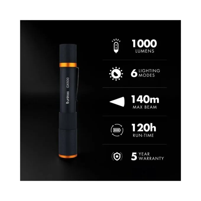 Uniross USB Rechargeable Torch - GX500 - IP44 Waterproof Aluminium 1000 lumens 140m Beam 120hrs Battery — image 2