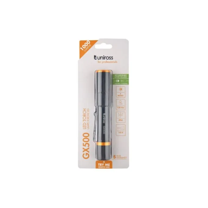 Uniross USB Rechargeable Torch - GX500 - IP44 Waterproof Aluminium 1000 lumens 140m Beam 120hrs Battery — image 12