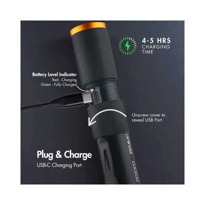 Uniross USB Rechargeable Torch - GX500 - IP44 Waterproof Aluminium 1000 lumens 140m Beam 120hrs Battery — image 9