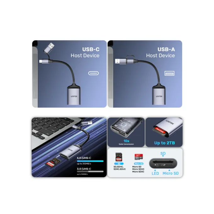 Unitek Card Reader - R1018E - Super Fast Card Reader Up to 312mb s USB-A C Supports SD MicroSD — image 6