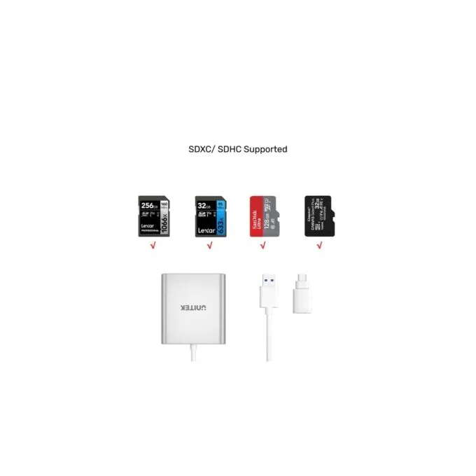 Unitek Card Reader - Y-9313D - USB-A C 3.0 Aluminium SD Micro SD CF Card Reader — image 6