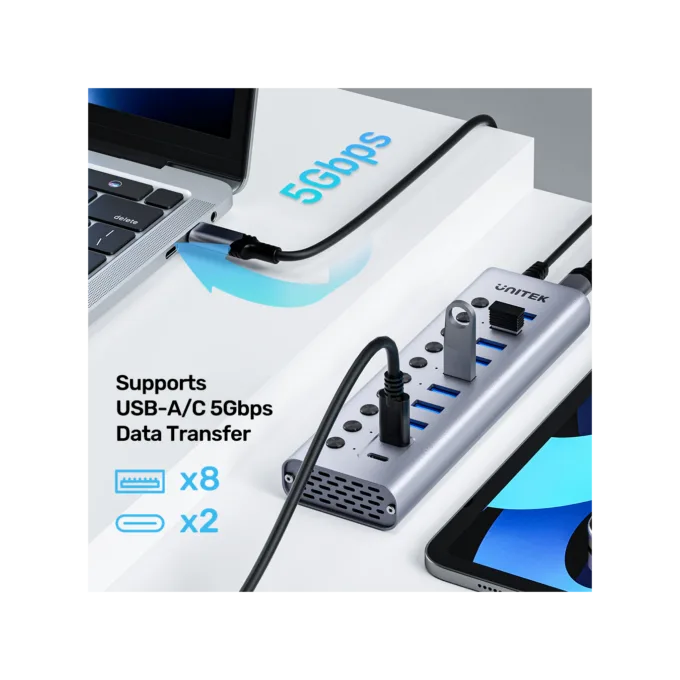 Unitek H1315B USB-C Hub 8xUSB-A Power Switch 2xUSB-C 12V3A — image 6
