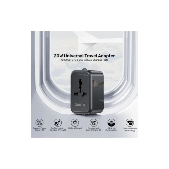 Unitek Universal Travel Charger - P1120A - 20W USBC+USBA Black — image 5