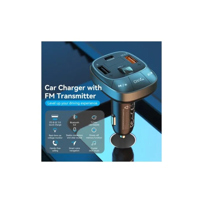 Vention Car FM Transmitter, USB Music Player & Charger - FFLB0 - 3xUSB 30W 18W 5W — image 3