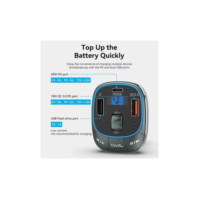 Vention Car FM Transmitter, USB Music Player & Charger - FFLB0 - 3xUSB 30W 18W 5W — image 4