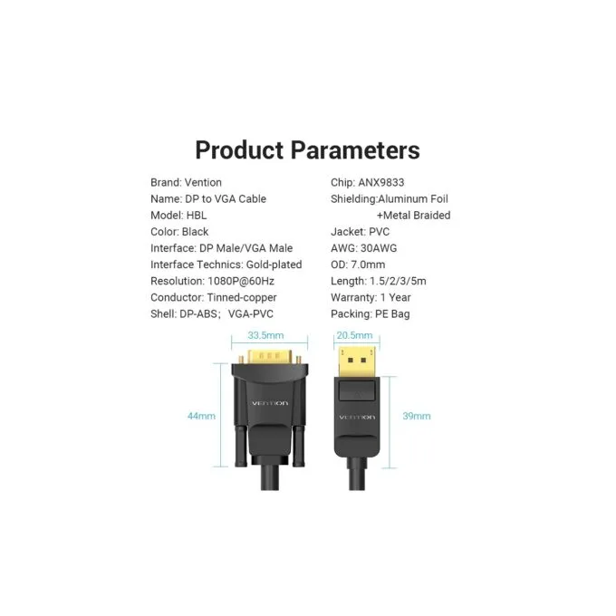 Vention Converter DisplayPort to VGA Cable - HBLBI - DisplayPort to VGA Cable 3.0m — image 4