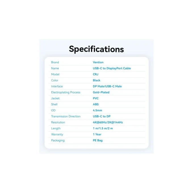 Vention Converter USB-C to DisplayPort Cable - CRJBF - USB-C to DisplayPort Cable 4K60Hz 1.0m — image 10