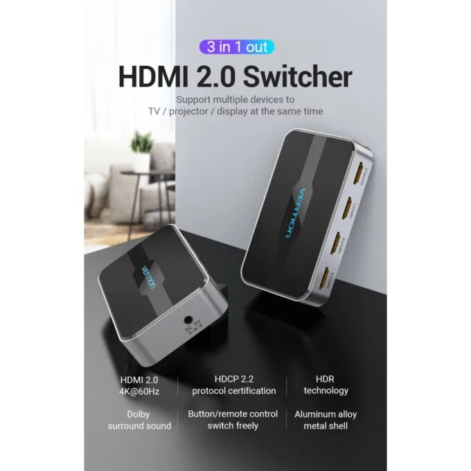 Vention HDMI Switch - AFOH0 - 3-Port 4K 2.0 w Remote Control — image 2