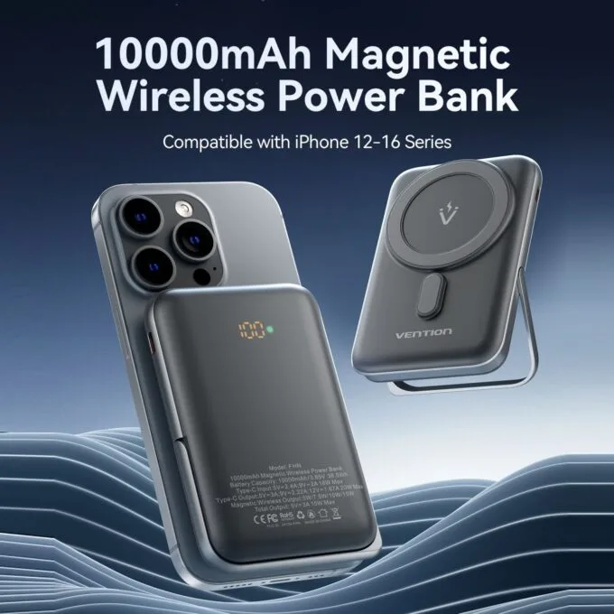 Vention Powerbank Wireless Magnetic 10000mAh 20W - FHNB0 - with Stand Black — image 4