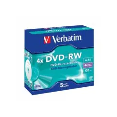Verbatim DVD-RW 4.7GB 4X 5-Pack Jewel Case Matt Silver - 43285 - DVD-RW 4.7GB 4X 5-Pack Jewel Case Matt Silver