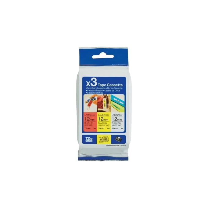 BROTHER TZE31M3 Schriftbandkassette 12mmx8m 3er Pack TZ231 weiss schwarz TZ431 rot schwarz TZ631 gelb schwarz laminiert — image 3