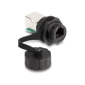 Delock Kabelverbinder RJ12 Buchse zu RJ12 Buchse zum Einbau mit Verschlusskappe IP68 staub- und wasserdicht schwarz