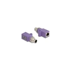 Delock M12 Adapter D-kodiert 4 Pin Stecker zu RJ45 Buchse Cat.5e mit Befestigungsloch gerade violett