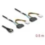 Delock PCIe 4.0 Kabel Slim SAS SFF-8654 8i zu 2 x U.2 SFF-8639 Buchse + Stromanschluss 0,5 m