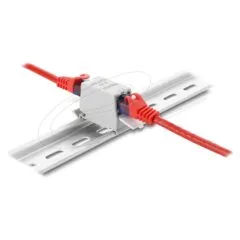 Delock RJ45 Kupplung Cat.6A Buchse zu Buchse mit Staubschutzklappe für Hutschienen Montage geschirmt grau weiß