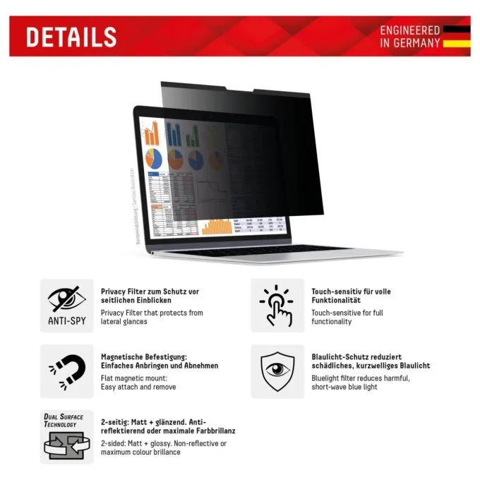 DISPLEX Privacy Safe Blickschutzfilter Universal 14'. 16:9. Anti-Reflex. Bluelight-Filter. Magnetische Befestigung — image 2
