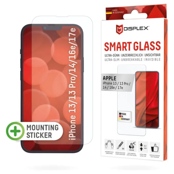 DISPLEX Smart Glass (9H) für Apple iPhone 13 13 Pro 14 16e Montagesticker. unzerbrechlich. ultra-dünn. unsichtbar — image 1