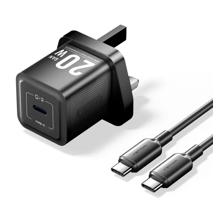 Vention Charger Wall GaN 20W 1xUSBC UK + USB-C 1m Cable Black FEPB0-UK-01 — image 1