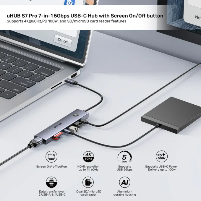 Unitek USB-C Hub 2xUSB-A/USB-C/HDMI/SD/PD100W with ON/OFF Screen Switch H1124A — image 10