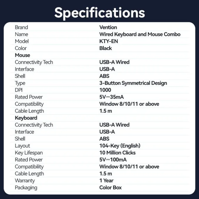 Vention Keyboard and Mouse Combo Wired Silent Slim Full Size KTYBG-EN — image 17