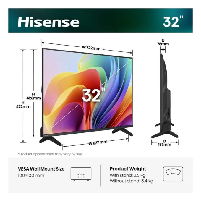 80,0cm/32" (1366x768) Hisense 32A49S Smart TV HD DLED 8,5ms 60Hz HDMI USB LAN HDR VESA WiFi Black — image 2