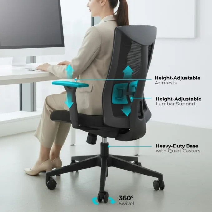 Lumivida Office Chair Ergonomic Mesh Lumbar Support Adjustable Seat/Armrest Black CH05-7 — image 3