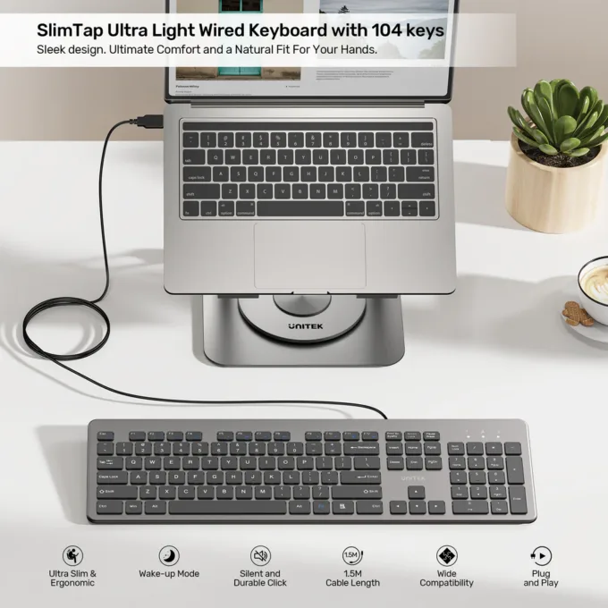 Unitek Keyboard Wired 104K USB-A English SlimTap T052 Space Grey — image 3