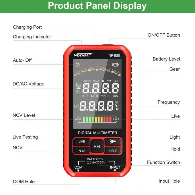 Noyafa Digital Multimeter for Resistance, Capacitance, Temperature, Frequency & AC/DC Voltage NF-625 — image 4