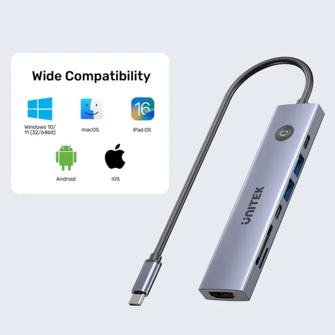 Unitek USB-C Hub 2xUSB-A/USB-C/HDMI/SD/PD100W with ON/OFF Screen Switch H1124A — image 4