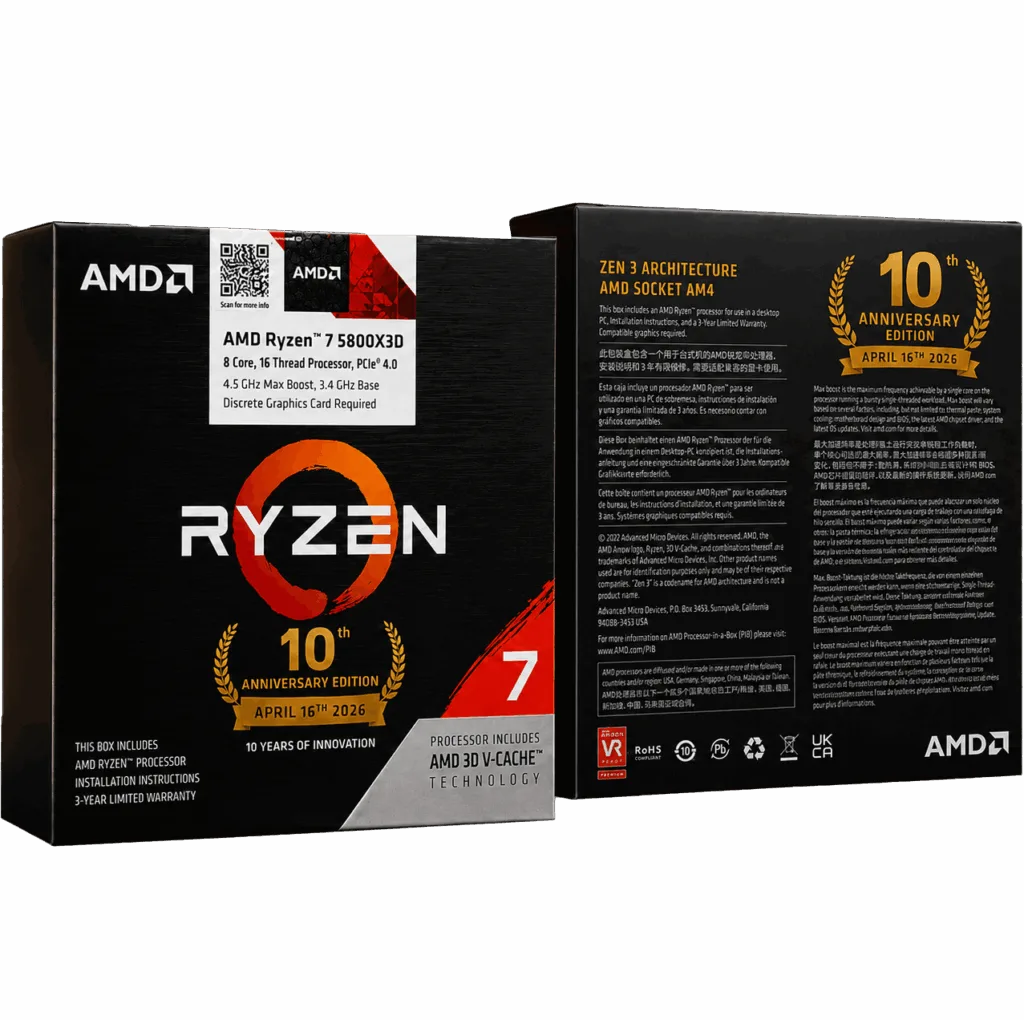 Product imagery for Ryzen 7 5800X3D 10th Anniversary Edition