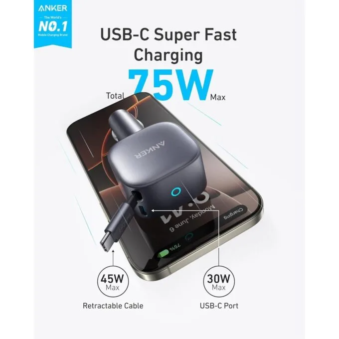 Anker Mobile Charger Car 75W with Built-In Retractable USB-C Cable — image 2