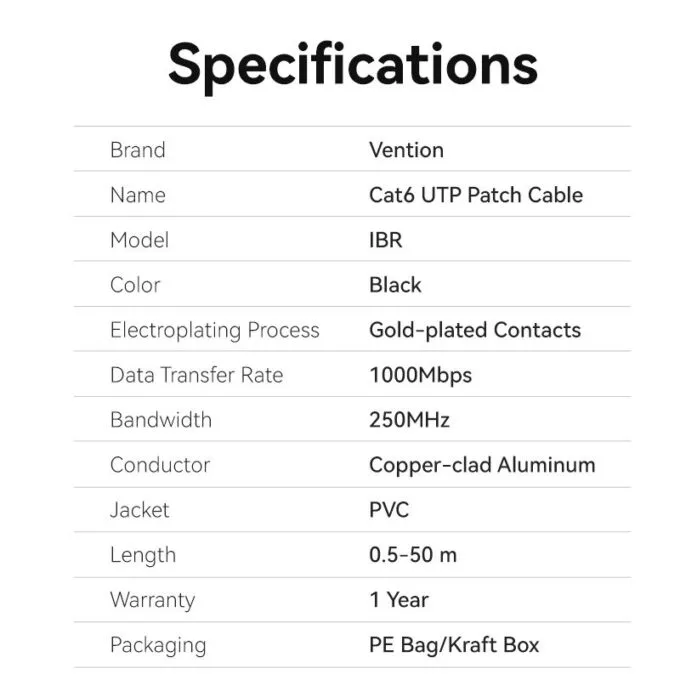Vention NETWORK Cable CAT6 UTP 0.5m Black IBRBD — image 8