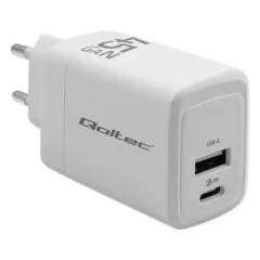Qoltec 45W GaN| 5-20V | 1.5-3A | 1 x USB-C PD | 1 x USB QC 3.0 | White