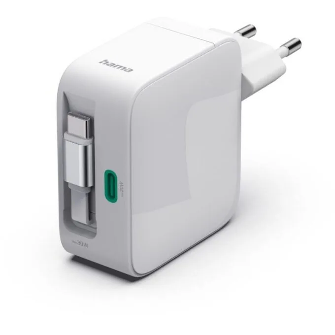 Hama GAN 30W PD/QC with rolled cable, 2x USB-C, white — image 1