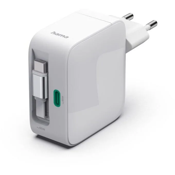 Hama GAN 65W PD/QC with rolled cable, 2x USB-C, white — image 1