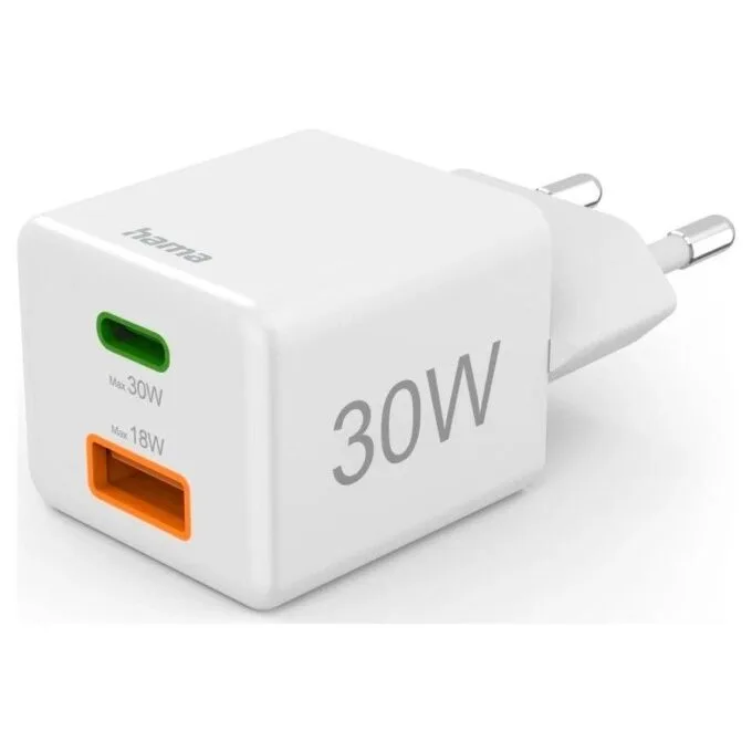 Hama mini 30W PD/QC 1x USB-C, 1x USB-A white — image 1