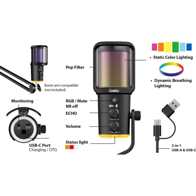 Genius PC Microphone Streaming USB-A+C RGB/Echo/Mute MIC-S400U — image 2