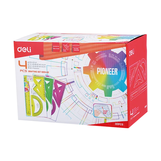 DELI DRAFTING SET 4PCS RULER SET SQUARES PROTRACTOR 20CM TRANSLUCENT 3C — image 1