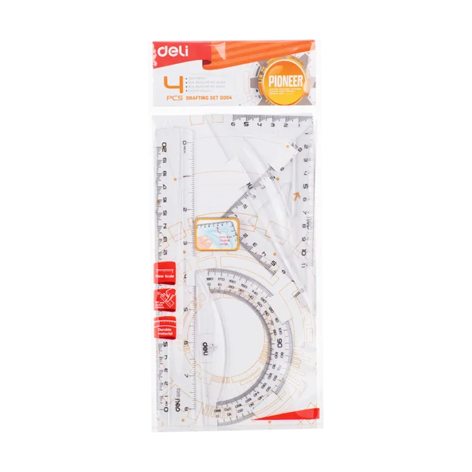 DELI DRAFTING SET 4PCS RULER SET SQUARES PROTRACTOR 20CM TRANSPARENT — image 1