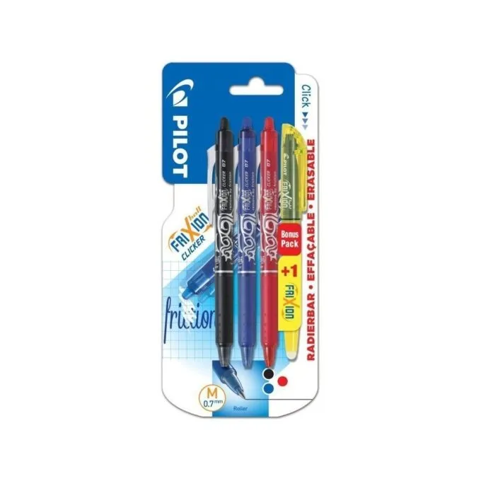 PILOT BLISTER 3 FRIXION CLICKER - MEDIUM - 0.7 BLACK/BLUE/RED + FRIXION LIGHT YELLOW — image 1