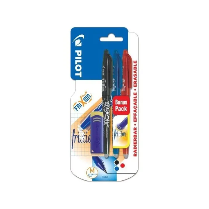 PILOT BLISTER 3 FRIXION BALL - MEDIUM - 0.7 BLACK/BLUE/RED + FRIXION ERASER — image 1