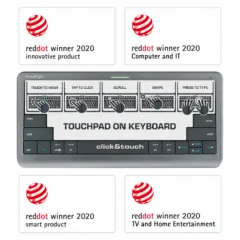 Click&Touch, wireless multimedia keyboard for Smart-TV with touchpad embedded into keys, auto-switch between keyboard and touchpad, connect to 5 devices via Bluetooth, USB dongle and Type-C, LED status indicators, built-in battery, space grey color