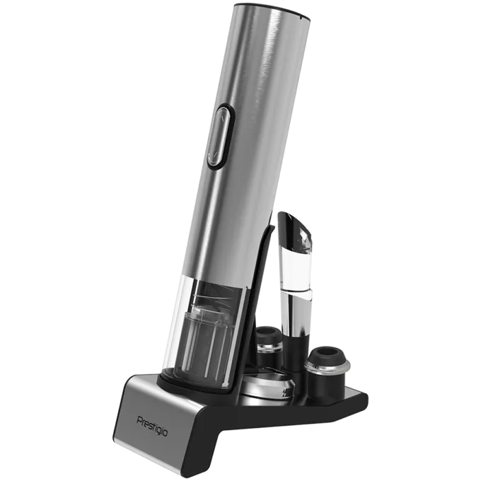 Prestigio Garda, smart wine opener, simple operation with 2 buttons, aerator, vacuum stopper preserver, foil cutter, opens up to 50 bottles wihout recharging, premium design, 500mAh battery, Dimensions D 17mm* H 290mm* W100 mm, silver color. — image 1