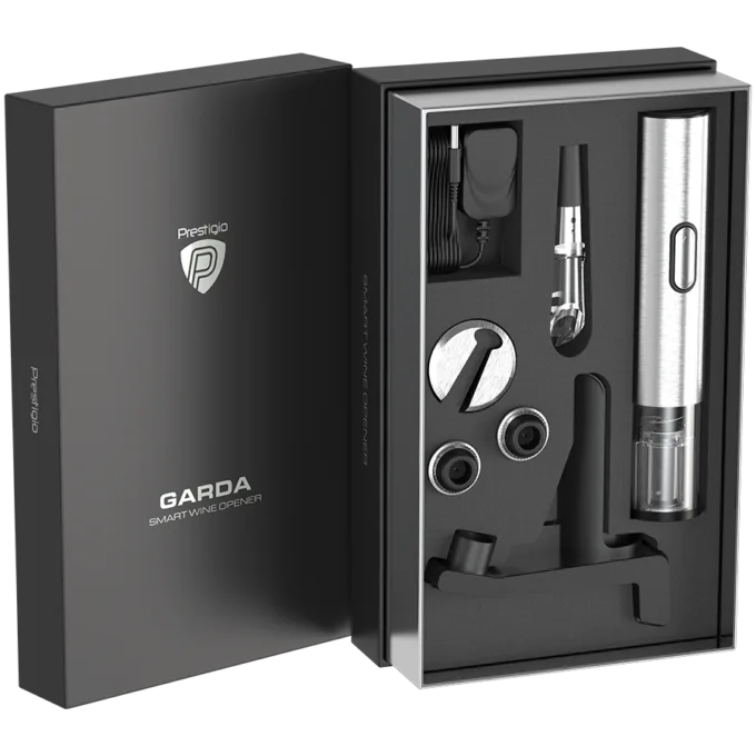 Prestigio Garda, smart wine opener, simple operation with 2 buttons, aerator, vacuum stopper preserver, foil cutter, opens up to 50 bottles wihout recharging, premium design, 500mAh battery, Dimensions D 17mm* H 290mm* W100 mm, silver color. — image 16
