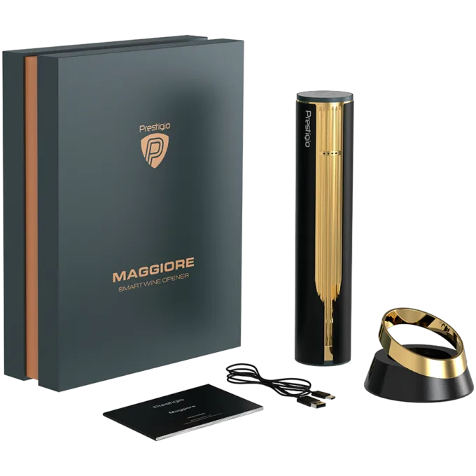 Prestigio Maggiore, smart wine opener, 100% automatic, opens up to 70 bottles without recharging, foil cutter included, premium design, 480mAh battery, Dimensions D 48*H228mm, black + gold color. — image 13