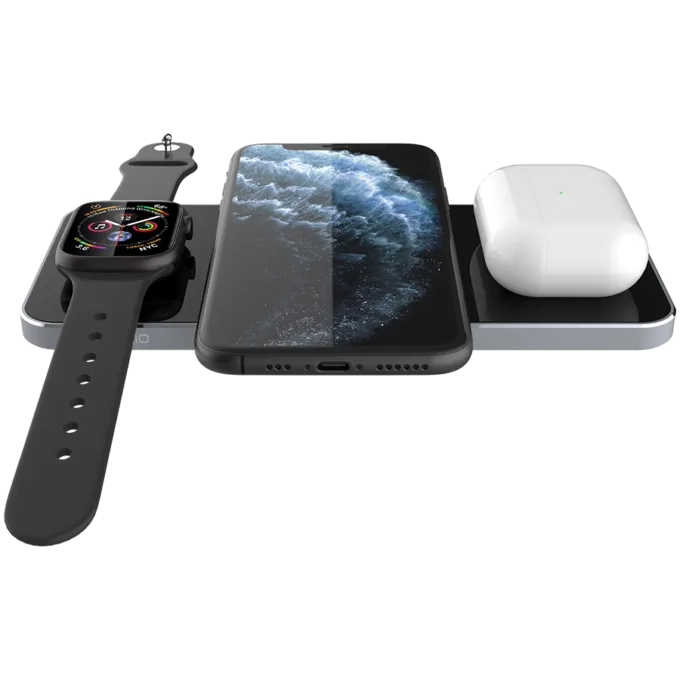 Prestigio ReVolt A5, 3-in-1 wireless charging station for iPhone, Apple Watch, AirPods, wilreless output for phone 7.5W/10W, wireless output for AirPods 5W, wireless output for Apple Watch 2.5W, material: aluminum+tempered glass, black+space grey color. — image 6