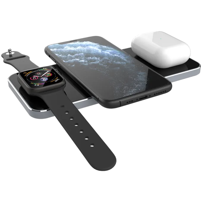 Prestigio ReVolt A5, 3-in-1 wireless charging station for iPhone, Apple Watch, AirPods, wilreless output for phone 7.5W/10W, wireless output for AirPods 5W, wireless output for Apple Watch 2.5W, material: aluminum+tempered glass, black+space grey color. — image 8