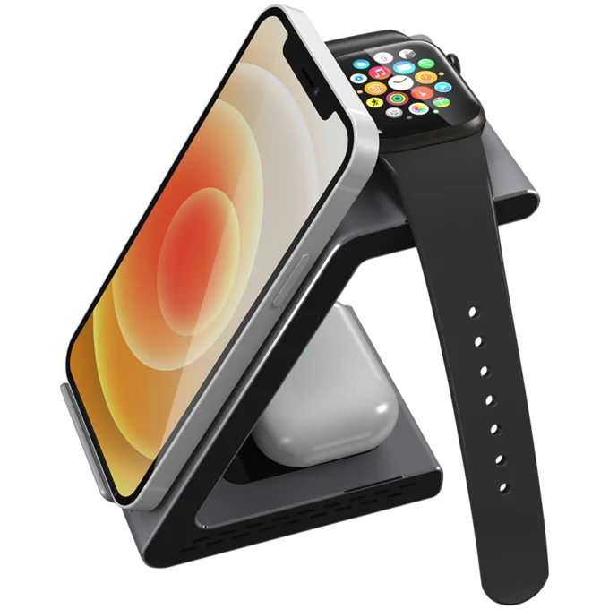 Prestigio ReVolt A8, 3-in-1 wireless charging station for iPhone, Apple Watch, AirPods, wilreless output for phone 7.5W/10W, wireless output for AirPods 5W, wireless output for Apple Watch 2.5W, material: aluminum+tempered glass, space grey color. — image 9