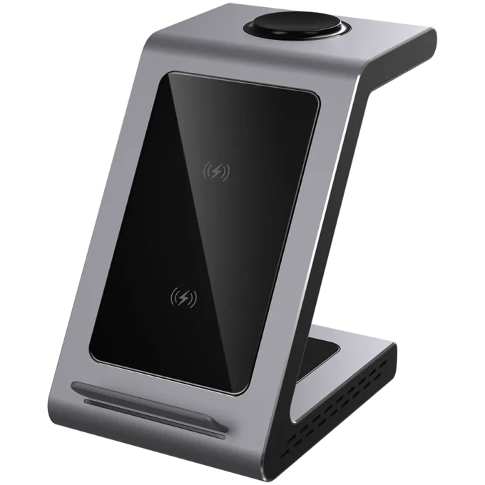 Prestigio ReVolt A8, 3-in-1 wireless charging station for iPhone, Apple Watch, AirPods, wilreless output for phone 7.5W/10W, wireless output for AirPods 5W, wireless output for Apple Watch 2.5W, material: aluminum+tempered glass, space grey color. — image 1